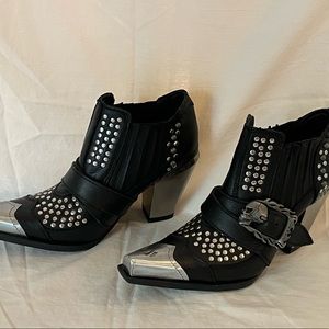 New Rock Leather Studded & Chrome Heel Booties